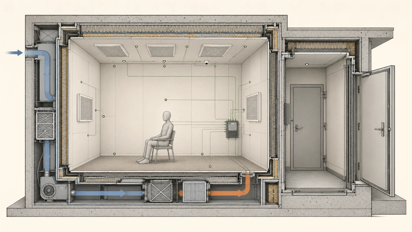 The same room and figure specified to oppose those loads: emitter panels, sensor points, ducting, a sealed vestibule and layered walls.