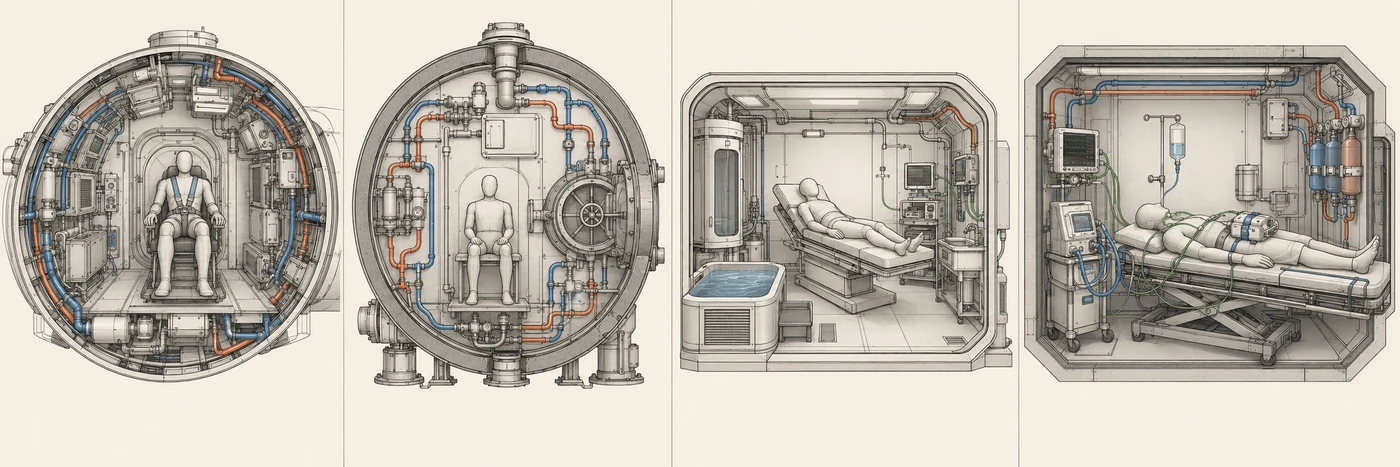 Four interior cross-sections drawn in matching style: an equipment-lined orbital module with a secured figure, a pressure-hulled diving habitat with gas manifolds and a transfer hatch, a recovery room with a treatment table and a cold immersion tub, and a hardened care bay with a figure on a treatment platform, monitoring leads, an infusion line, a portable ventilator and wall-mounted supply cylinders.