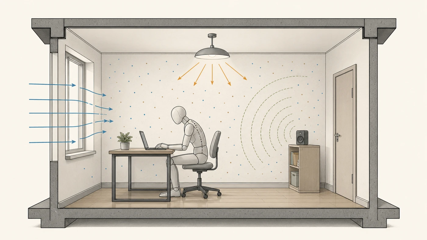 Cross-section of an ordinary interior room with a seated figure; arrows and annotations mark radiation, light, airborne particles, sound and static posture acting on the occupant.